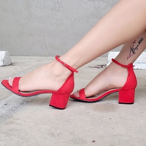 Red Ankle Straps Low Chunky Heels Sandals - Picture 2 of 5